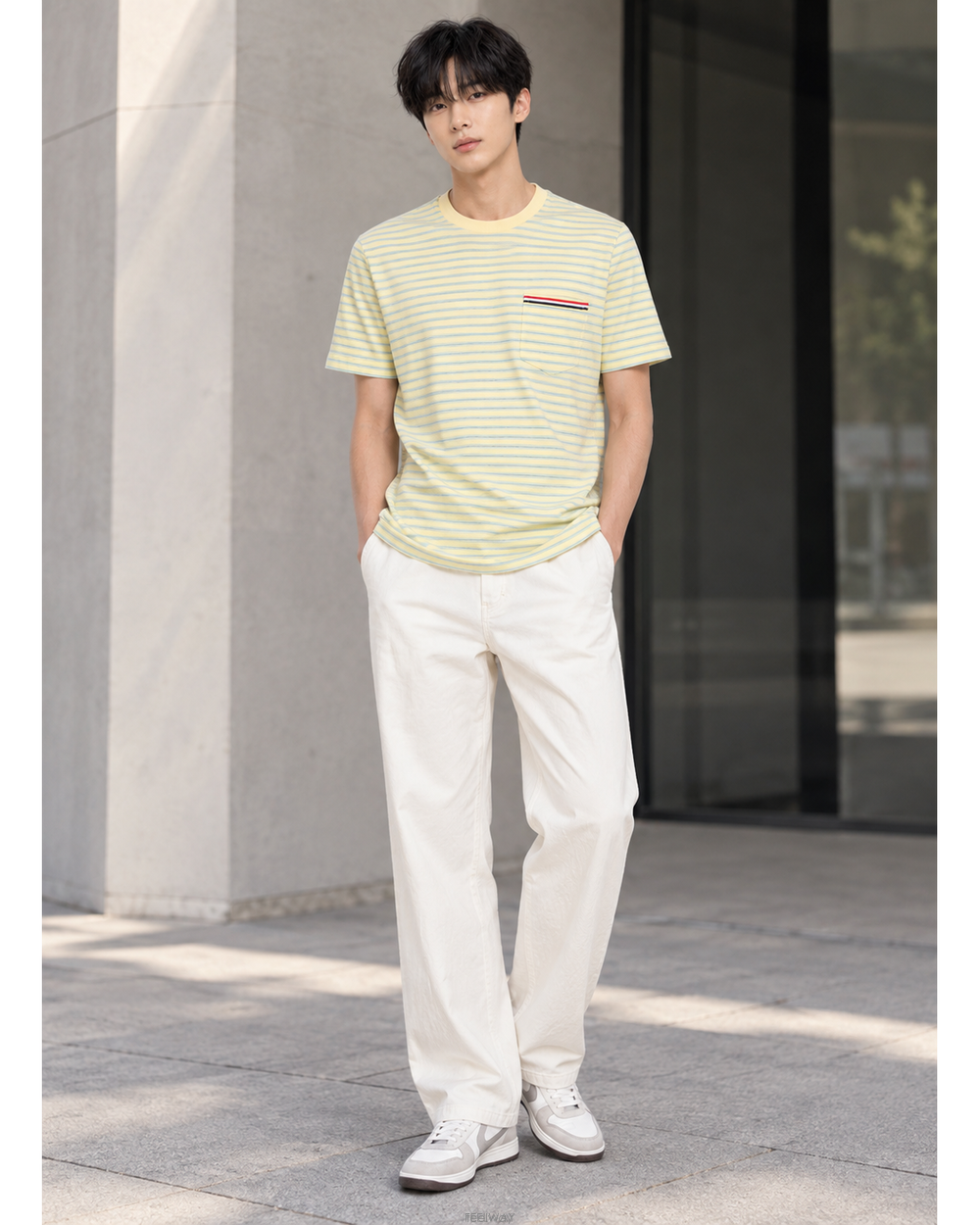 톰브라운 스트라이프 옐로우 티셔츠 MJS205A J0053 308