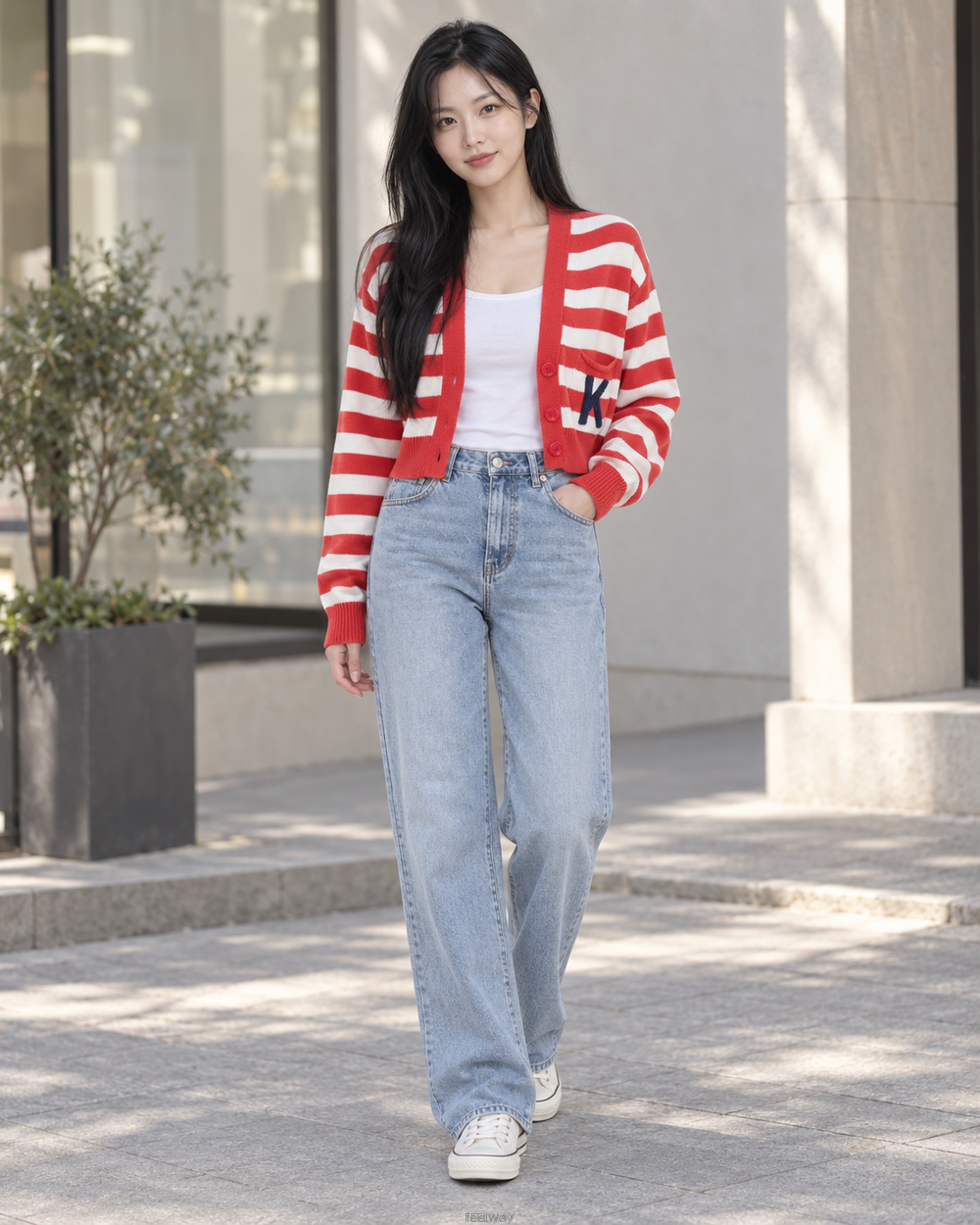 겐조 스트라이프 크롭 가디건 화이트 & 레드