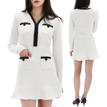 셀프포트레이트 펄 트림 니트 미니 원피스 RS25087SW WHITE