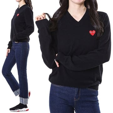 《당일발송》꼼데가르송 레드하트 와펜패치 울 브이넥 여성 니트