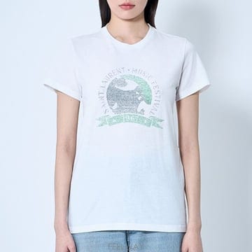 26 FW 생로랑 빈티지 그래픽 로고 모티프 코튼 반팔 티셔츠 화이트 817047 Y37YJ 9010
