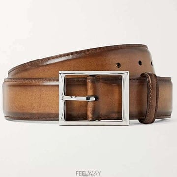 벨루티 35mm 스퀘어 실버 버클 패스닝 토바코 브라운 클래식 레더 벨트
