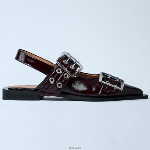 26 FW 가니 Buckle 벌트 버클 스트랩 하이샤인 발레리나 플랫 버건디 S3086 436
