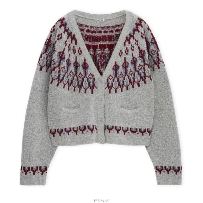 로에베 Fair Isle 패턴 인타르시아 브이넥 울 박시핏 가디건 그레이