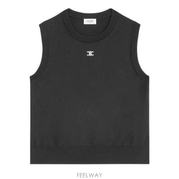 셀린느 파인 울 슬리브리스 클래식 핏 크루넥 리브드 트림 탑