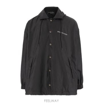 발렌시아가 로고 패치 후드 코트 블랙