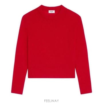 26 FW 셀린느 레드 크루넥 크롭 리브드 트리밍 롱슬리브 퓨어 캐시미어 스웨터
