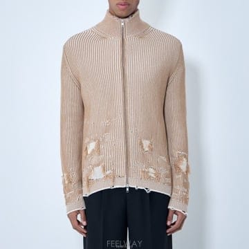 26 FW MM6 메종 마르지엘라 디스트레스트 하이넥 집업 스웨터 브라운 SH0AM0077 M1321