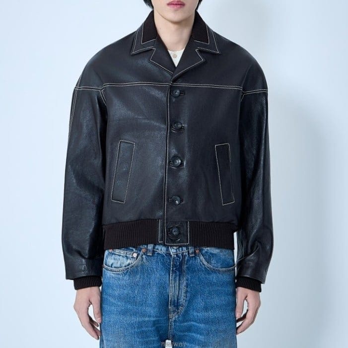 26 FW 웨일즈 보너 탑스티칭 버튼 다운 레더 보머 US26LE01 LE01 801