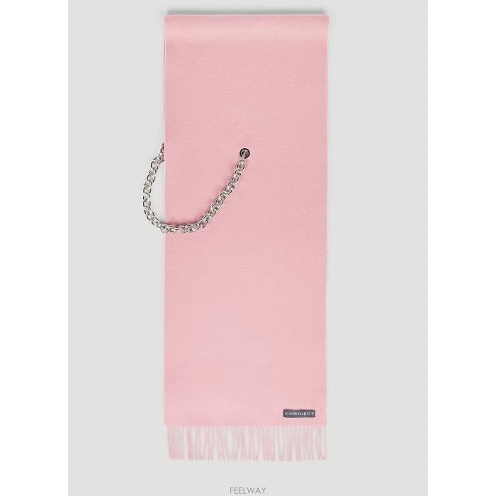 26 FW 와이 프로젝트 로고 디테일 체인 위드 울 프린지 머플러 핑크 SCARF15 S25