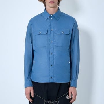 26 FW 몽클레어 로고 패치 슬리브 테크 립스탑 오버셔츠 블루 L1091 2F00054 597SN 75
