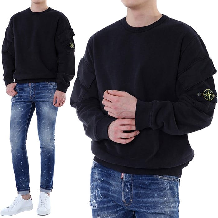 스톤아일랜드 와펜 패치 브러쉬드 오가닉 코튼 기모 맨투맨 티셔츠 (블랙) K2S1561000
