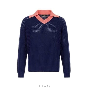 26 FW 펜디 콘트라스트 브이넥 리브 니트 폴로 탑 F1A9C FZE077AYY3