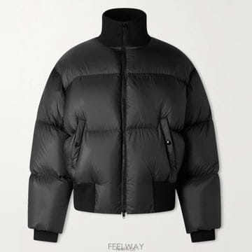 셀린느 블랙 로고 아플리케 퀼팅 쉘 리브드 헴 집업 패딩 재킷