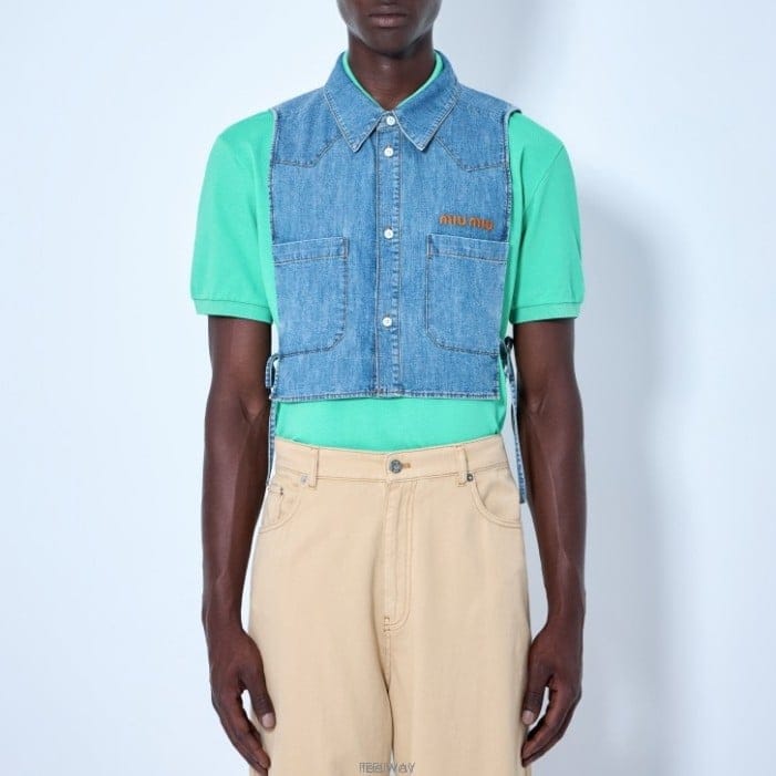 미우미우 크롭 샴브레이 타이 셔츠 연청
