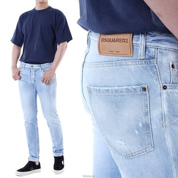 디스퀘어드 브라운 래더패치 백 포켓 디스 연청 워싱진 (테디핏) 71LB1720 S30839 470