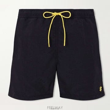 셀린느 블랙 스트레이트 미드 렝스 로고 엠브로이더드 드로스트링 스윔 쇼츠