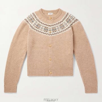 26 FW 셀린느 카멜 자카드 니트 클래식 페어아일 슬림 울 가디건