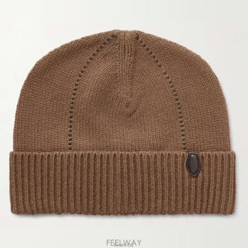 26 FW 벨루티 브라운 컨트라스트 스티칭 리브드 턴업 커프스 레더탭 캐시미어 비니