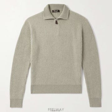 로로피아나 플레인 트리 리브드 캐시미어 하프집업 스웨터 그레이