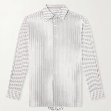 26 FW 로로 피아나 화이트 스트라이프 크리스프 코튼 실크 블렌드 셔츠
