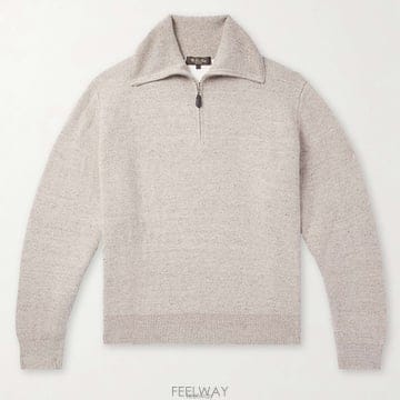로로피아나 릴렉스 소프트 베이지 리넨 캐시미어 블렌드 하프집업 플래킷 스웨터