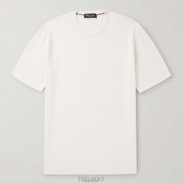 로로피아나 라이터 핸들 슬림핏 코튼 실크 블렌드 화이트 숏슬리브 피케 티셔츠