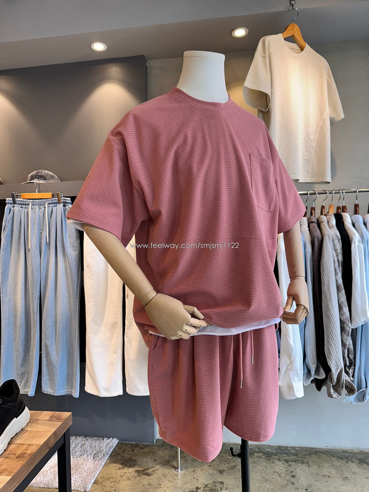 남자 여름 핑크 반팔 반바지 세트 오버핏 트레이닝복 F~105