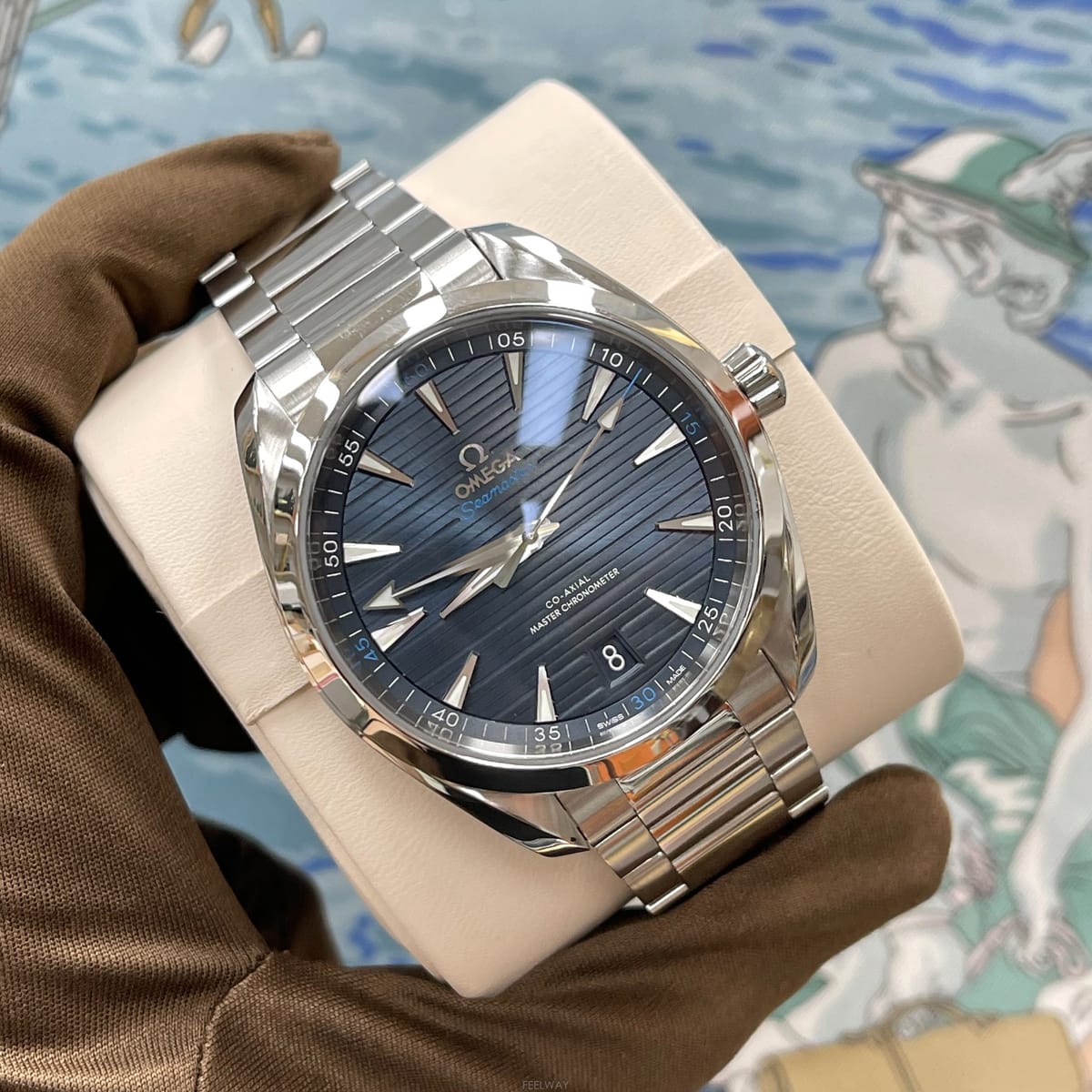 오메가 아쿠아 테라 150M 코-액시얼 마스터 크로노미터 41MM 티크 패턴 블루 다이얼