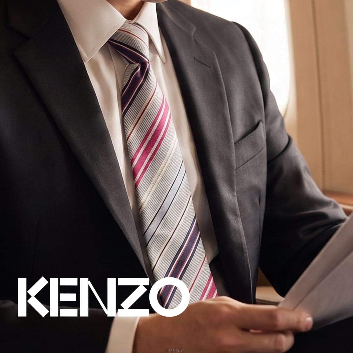 KENZO 겐조 실크 폴리에스터 그레이 스트라이프 넥타이 8.9cm A+등급 K3021