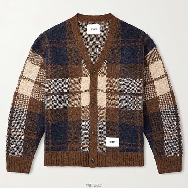 26 FW 더블탭스 브라운 Palmer 팔머 로고 아플리케 체크 자카드 니트 가디건