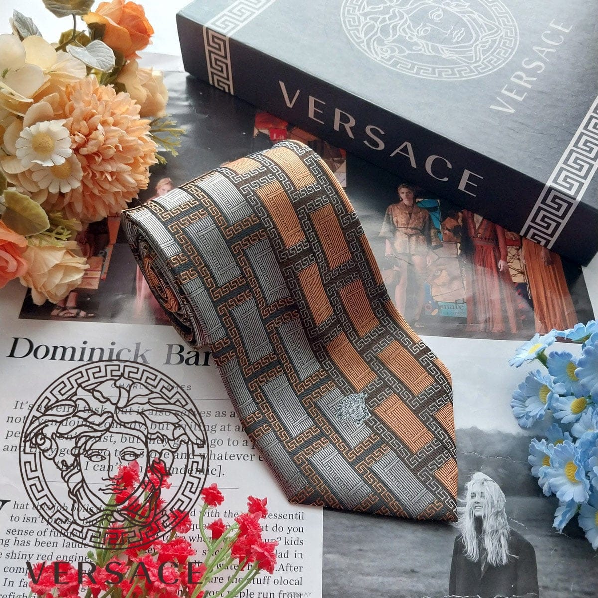 VERSACE 베르사체 실크 브라운 그레이 메두사 로고 패턴 넥타이 9.5cm A+등급 K3081
