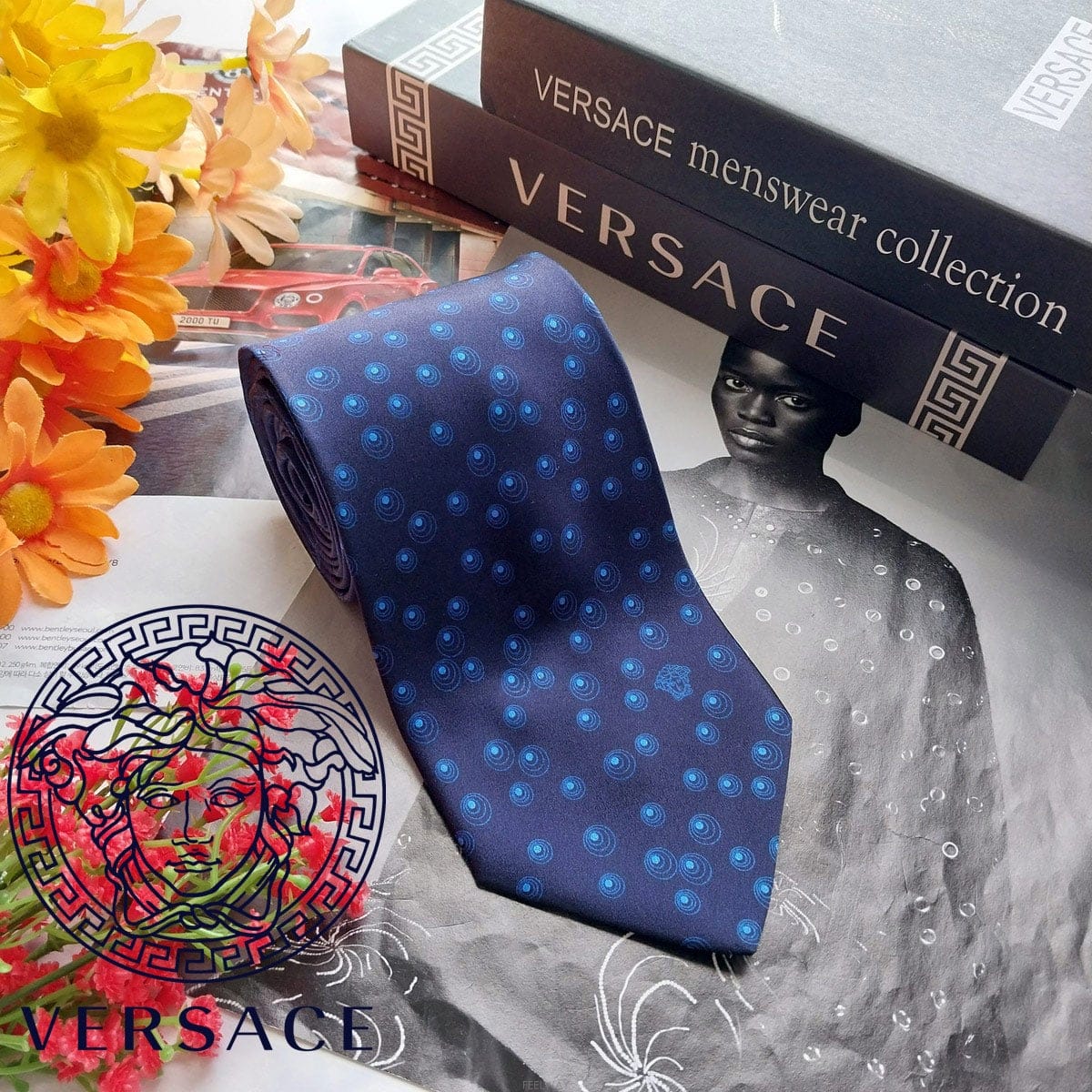 VERSACE 베르사체 실크 네이비 서클 패턴 메두사 로고 넥타이 9.2cm S~A+등급 k3050