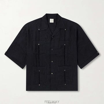 26 FW 캐피탈 블랙 캠프칼라 오픈위브 패널 플리티드 숏슬리브 린넨 셔츠