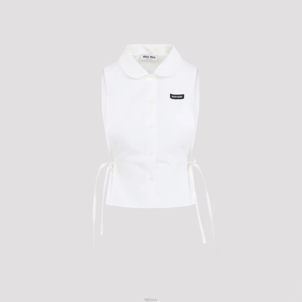 [D] 26FW 미우미우 화이트 코튼 & 린넨 민소매 셔츠 MK2041 SOOO 163M F0009
