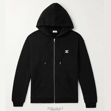 셀린느 트라이옴프 CC 로고 엠브로이더드 코튼 캐시미어 블렌드 집업 후드티
