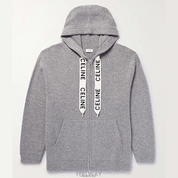셀린느 오버사이즈 로고 프린티드 드로스트링 울 캐시미어 블렌드 후드티