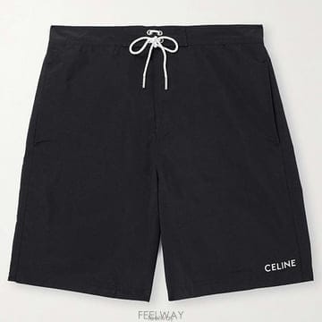 셀린느 블랙 스트레이트 퀵 드라잉 쉘 스펜트 패들 라벨 로고 스윔 쇼츠