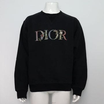 DIOR 블랙 코튼 플라워 로고 맨투맨 티셔츠