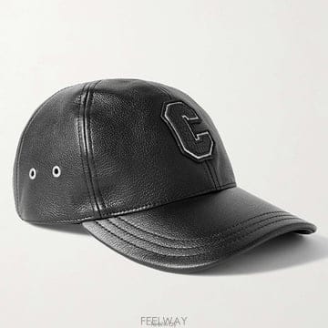 셀린느 C 모노그램 로고 아플리케 엠브로이더드 풀 그레인 레더 베이스볼 캡 블