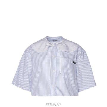 미우미우 MK1621 로고탭 핀스트라이프 박시 크롭 셔츠 38