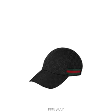 구찌 블랙 베이스볼 Cap with Web Detail on the Side in GG Canvas for 