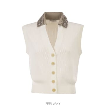 Brunello Cucinelli 26SS ���ڷ� ��ġ�ڸ� Sleeveless ��ư Ribbed ����� with Sequins M19232426SS ���ڷ� ��ġ�ڸ� Sleeveless ��ư Ribbed ����� w