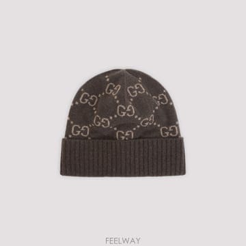 25FW 구찌 GG Jacquard 브라운 모자 with Brim 앤 Cuff in 캐시미어 맨 811392