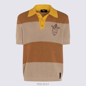 26SS Fendi 니트 코튼 폴로 셔츠 with 샌드 앤 베이지 스트라이프 FZC370AU7SF1RWW T