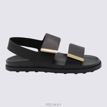 TOD S 블랙 샌들 with smooth 레더 straps  골드톤 metallic details  Rub