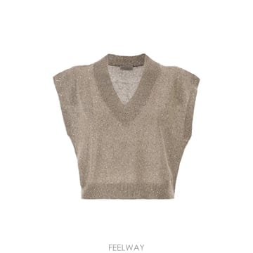 Brunello Cucinelli 26SS ���ڷ� ��ġ�ڸ� V �� ž in linen �� ��ư ��Ʈ with sequins MDT74640226SS ���ڷ� ��ġ�ڸ� V �� ž in linen �� ��ư ��Ʈ w