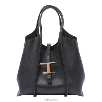 토즈 블랙 레더 미니 T 타임리스 쇼핑 백