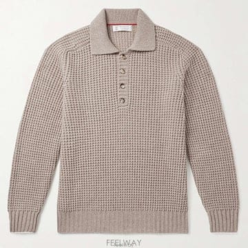 26 FW 브루넬로 쿠치넬리 베이지 롱슬리브 미드웨이트 와플 니트 캐시미어 폴로 셔츠
