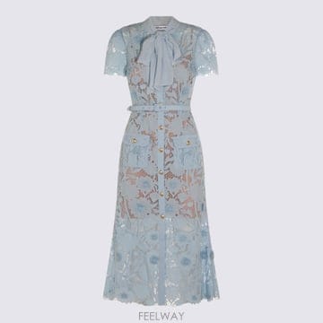 26FW Self portrait 블루 레이스 타이 넥 Midi 드레스 PF26111MBLBLUE TP575